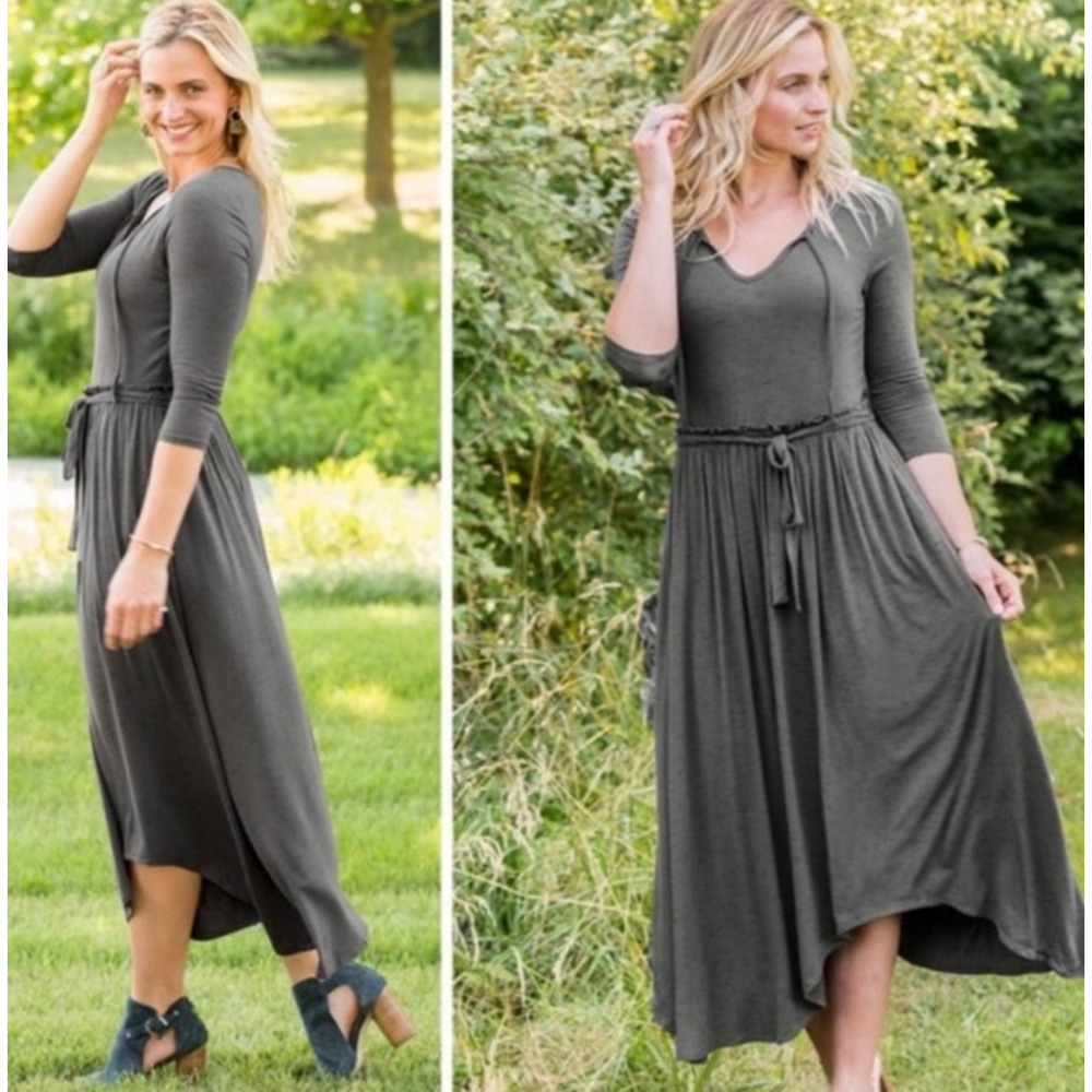 Matilda Jane Go West Gray Jersey Tie Belt Maxi Dress Asymmetrical Hem w/ Pockets